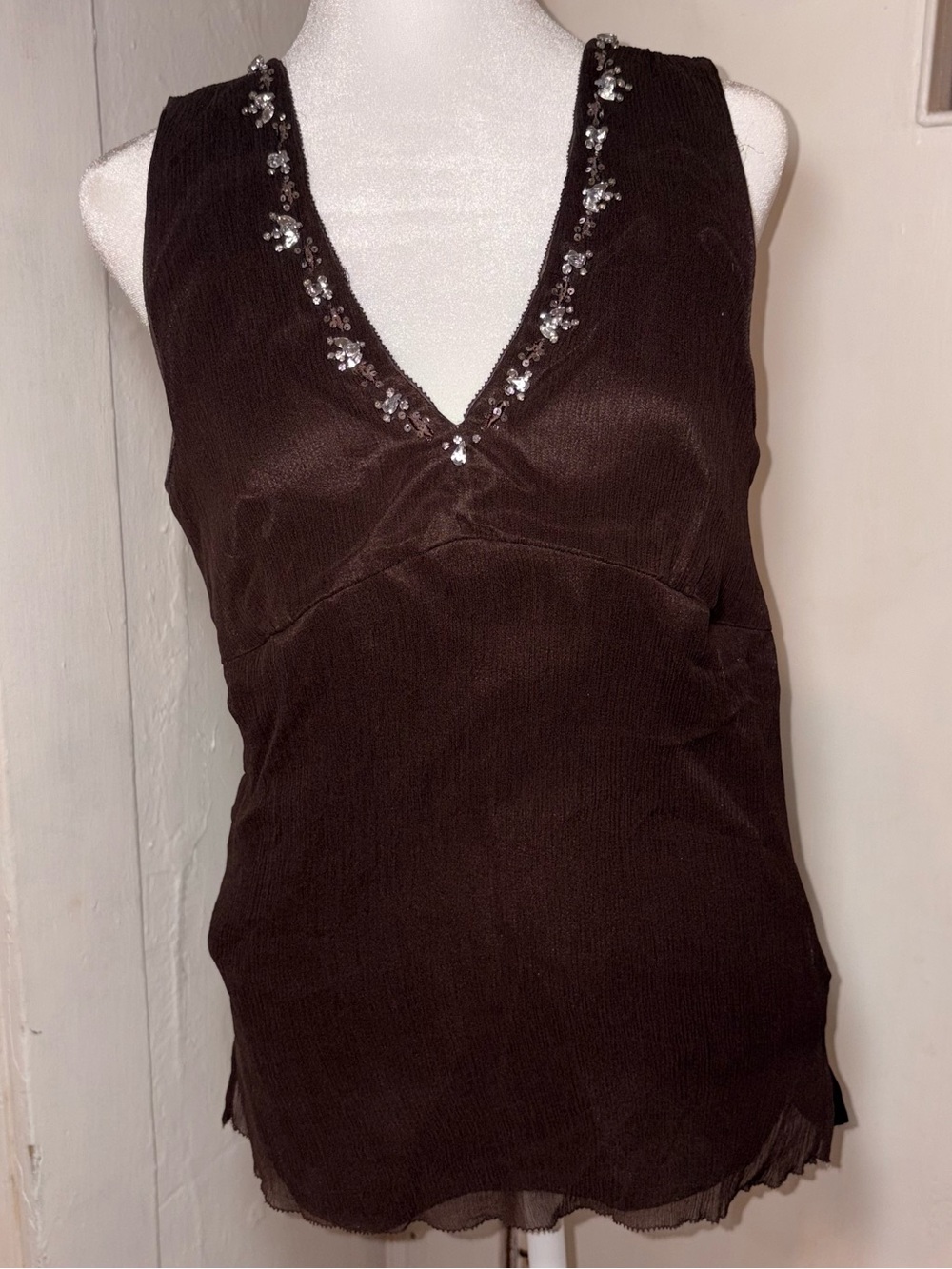 Vintage Y2K Mossimo Brown Silk Beaded Tank Top Fairy Grunge Boho Cami Large